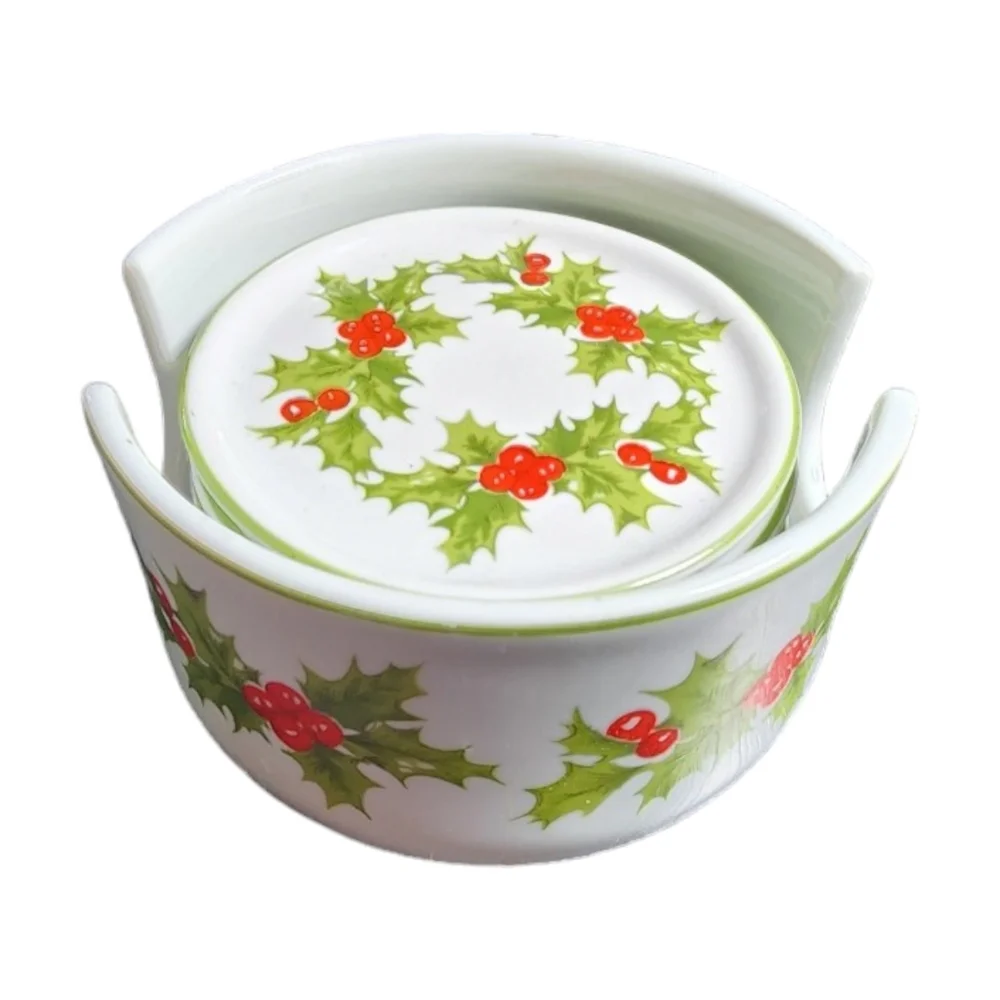 Schmidt Brazil Vintage Porcelain‎ Christmas Holly & Berries 5 Coaster Set